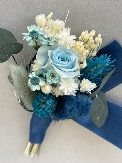 flores preservadas, ramo de novia, regalo, ideas de regalo, preserved flowers, dried flowers, españa, francia, portugal, wedding, boutonniere, azul, blue